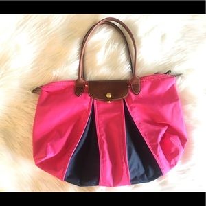 Longchamp Le Pliage Expandable Pink and Navy Tote
